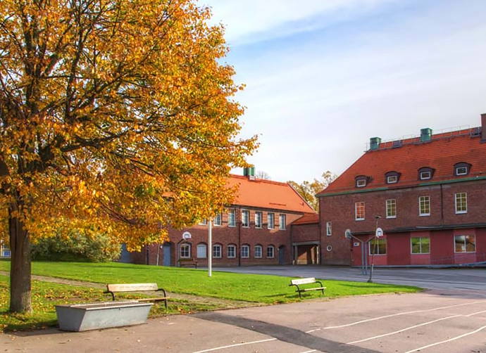 Skolbyggnad och skolgård med bänkar och träd med höstlöv