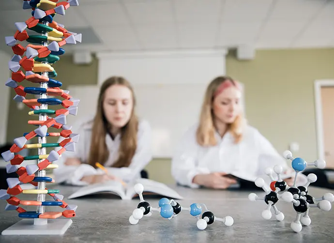 DNA-modell och molekylbyggsatser i förgrunden medan elever studerar i bakgrunden i ett naturvetenskapligt klassrum.