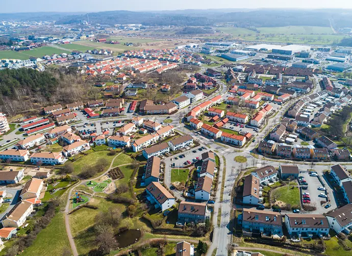 Flygfoto av ett villaområde