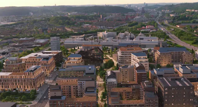 Visionsbild framtagen 2024 av GoCo Development AB. Vy från söder över området.