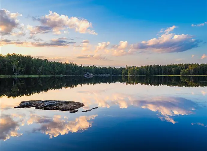 Stora Hassungaredssjön med träd längs vattenbrynet.