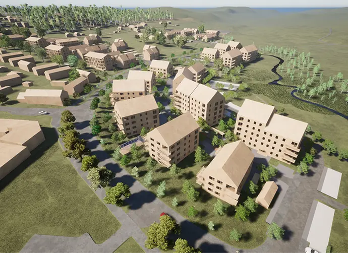 Illustrationer visar möjlig utformning av bebyggelse. 4-5 våningar höga trähus