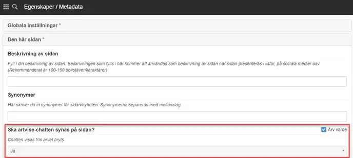 Visar markeringen Ska artvise-chatten synas på sidan?