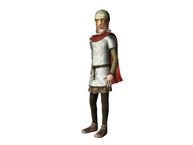 Datoranimerad man. Han är klädd i en ringbrynja och en hjälm med visir. 