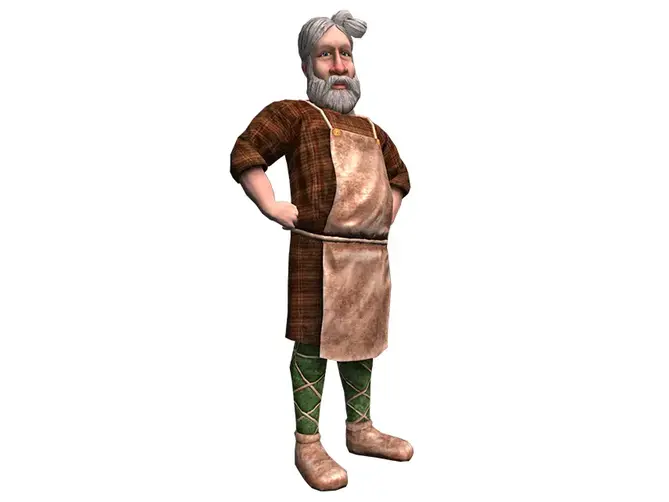 Datoranimerad man med grått hår i en knut i pannan. Mannen är klädd i en rödrutig tunika och ett skinnförkläde. 