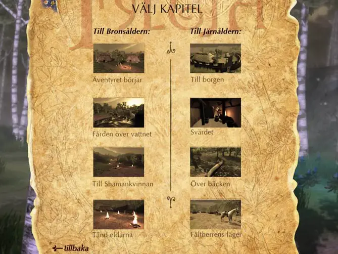 Ett pergament där det står Välj kapitel. Det finns åtta kapitel att välja mellan.