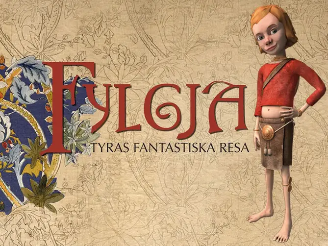 En flicka med röd tröja står till höger i bild. Bakgrunden är beige. I mitten av bilden står det Fylgja i rött.