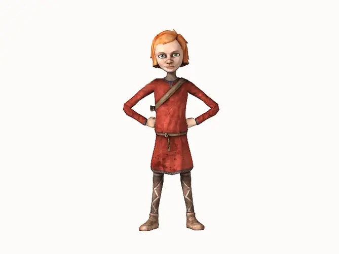 En dataanimerad bild på en flicka i röda klader. Flickan har blont kort år. 