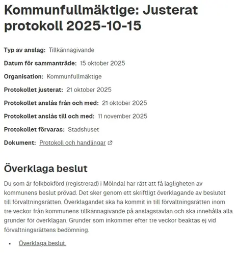 Skärmdump på anslagsexempel för kommunfullmäktige justerat protokoll från möte 2025-10-15