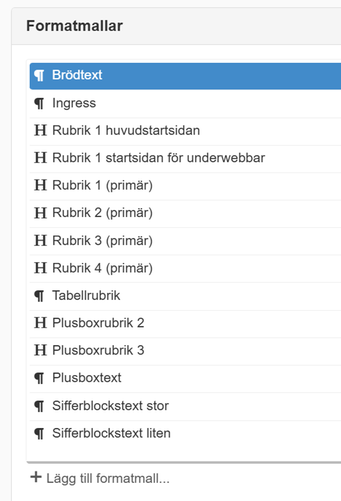 Samtliga formatmallar på webbplatsen listas