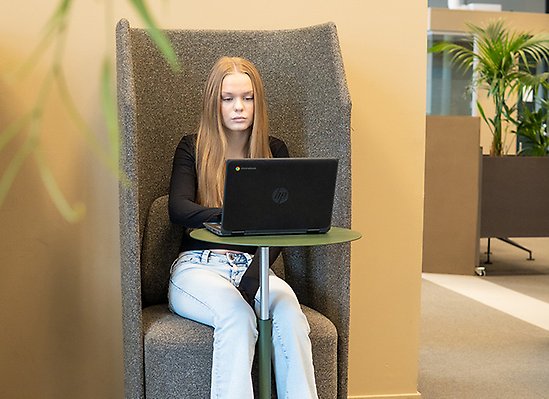 Elev arbetar enskilt med skolarbete vid dator.