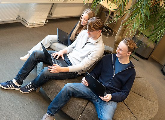 Elevgrupp samarbetar kring uppgift vid laptop i soffmiljö