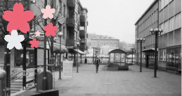 Äldre svartvitt foto på Brogatan i Mölndal.