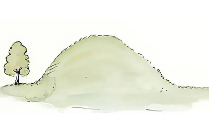 Illustration i akvarell. En gravhög som ser ut som en liten kullen överväxt med gräs.