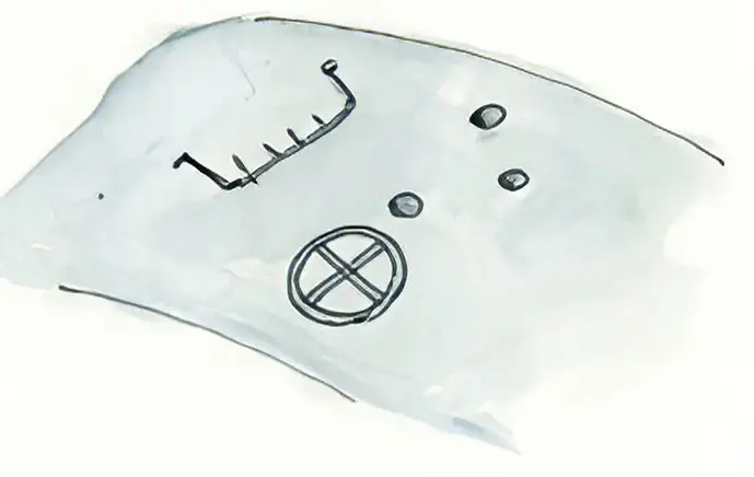 Illustration i akvarell av hällristning. Bilder och former ristade på en berghäll. 